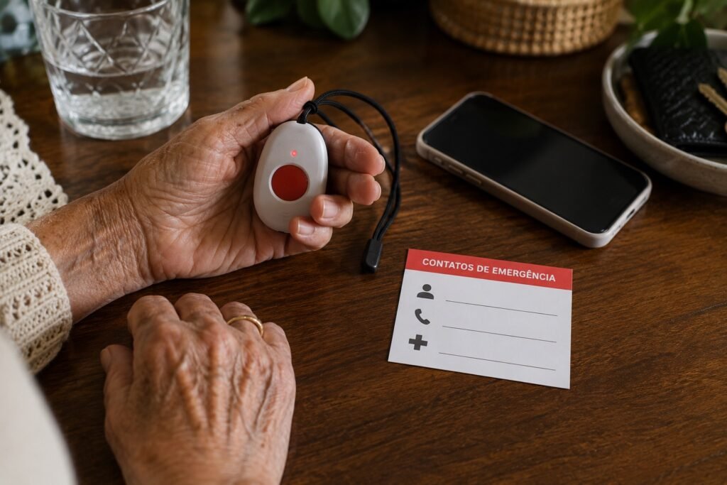 Botão de alarme e celular representando uma rede de contato para situações de emergência.