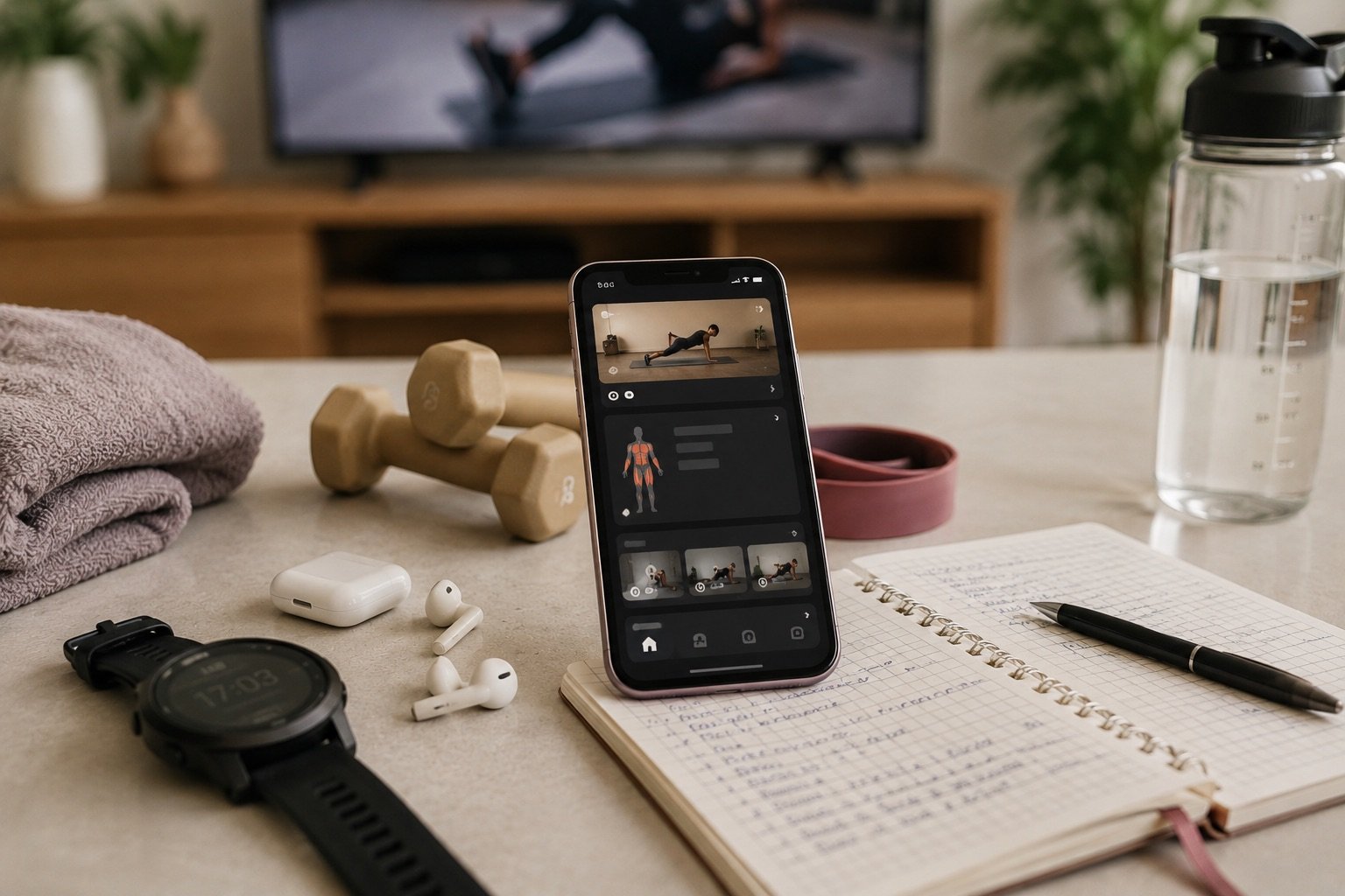App de treino vale a pena? Imagem com App de treino, relógio esportivo, agenda e fones.