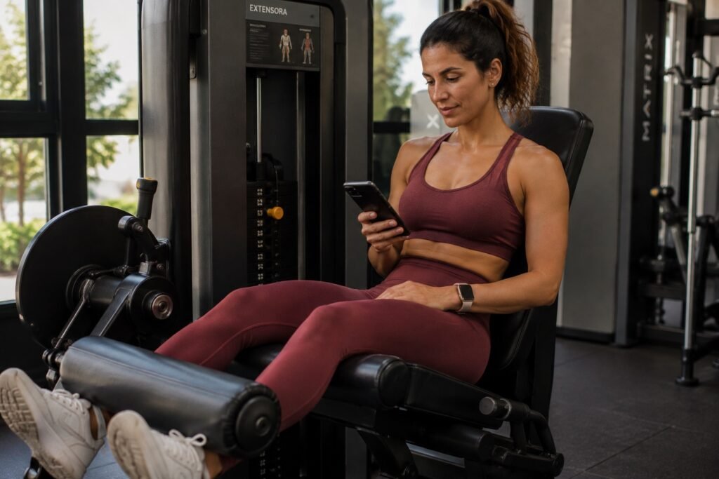 Mulher registrando cargas e repetições no celular durante treino de musculação.