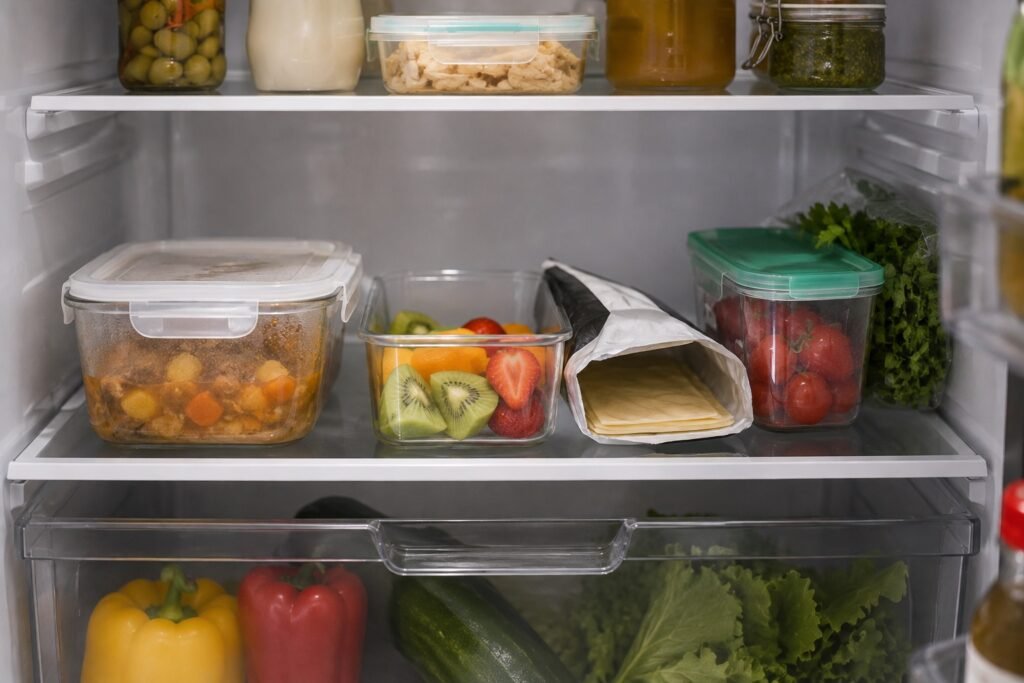 Área visível da geladeira com alimentos que devem ser consumidos primeiro.
