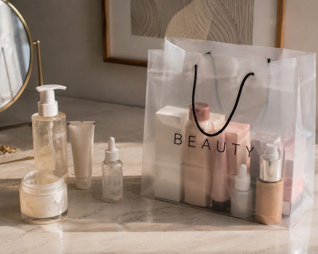 Cosméticos terminados de um lado e produtos novos do outro, representando o que saiu e entrou na coleção.