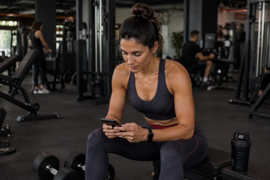 Mulher registrando cargas e repetições no celular durante um treino de musculação.