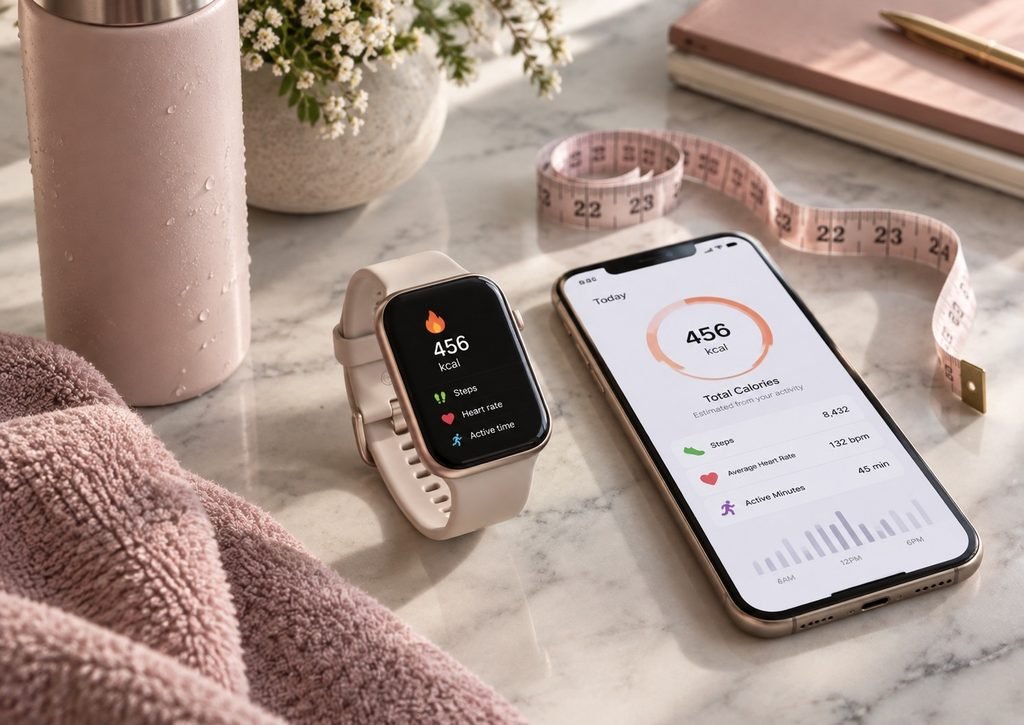 Mulher ajustando a pulseira do smartwatch para garantir que o sensor de frequência cardíaca toque a pele corretamente.
