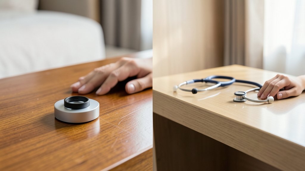Smart ring separado de instrumentos clínicos, ilustrando que dados de anel inteligente não substituem avaliação médica.