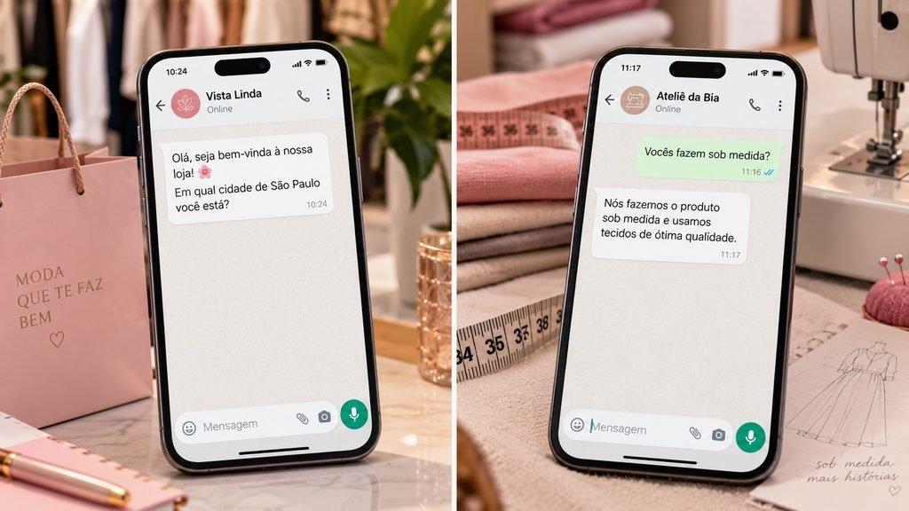 Automação no WhatsApp com exemplos de mensagem de triagem e resposta informativa.