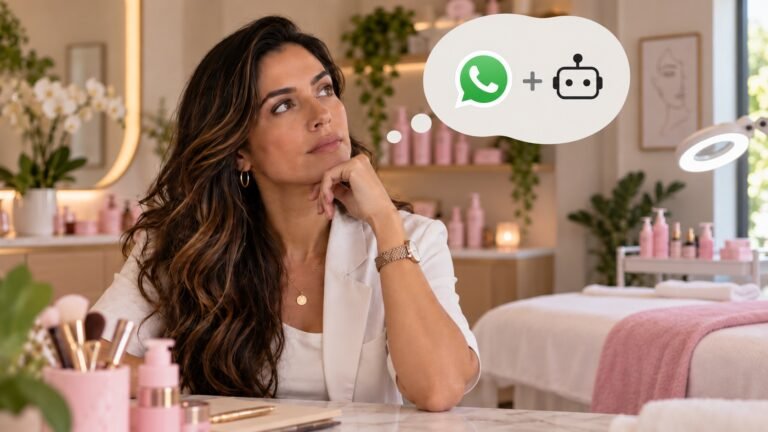Automação no WhatsApp representada por mulher avaliando WhatsApp e automação por robô.