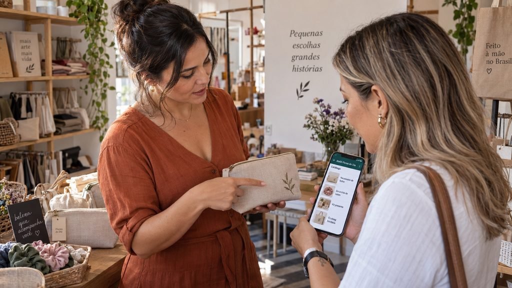 Catálogo organizado no WhatsApp Business ajudando cliente e empreendedora durante o atendimento.