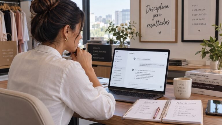 Empreendedora utilizando o chatgpt para pequenas empresas em seu escritório organizado para planejar tarefas de gestão.