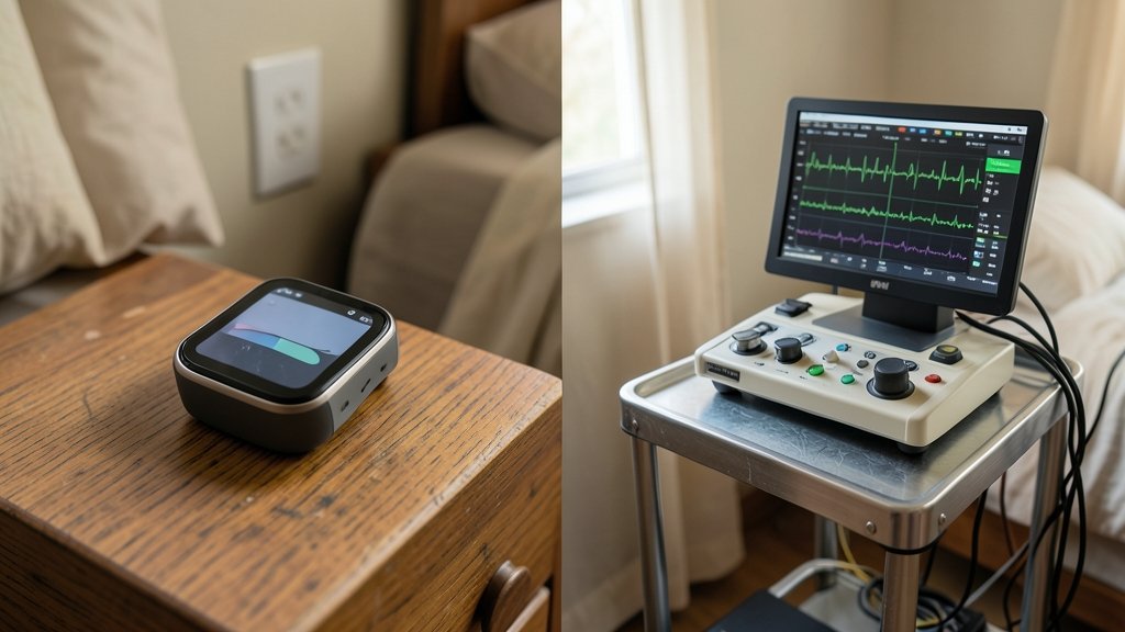 Comparação visual entre o gráfico de fases de sono de um smartwatch e as ondas cerebrais de um exame de polissonografia médica.