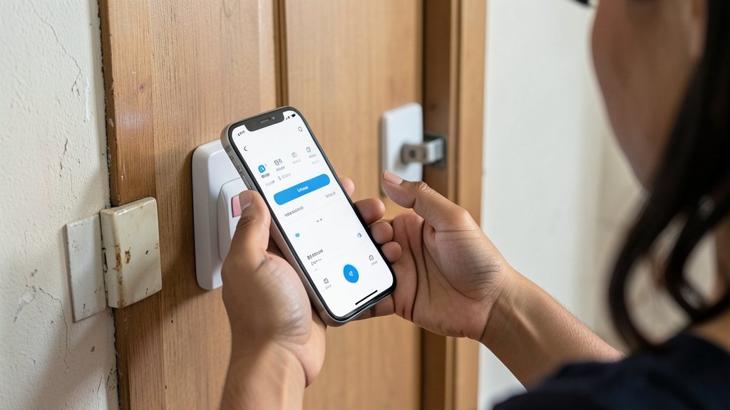 Mão segurando um smartphone com aplicativo de controle de casa inteligente em frente a uma porta.