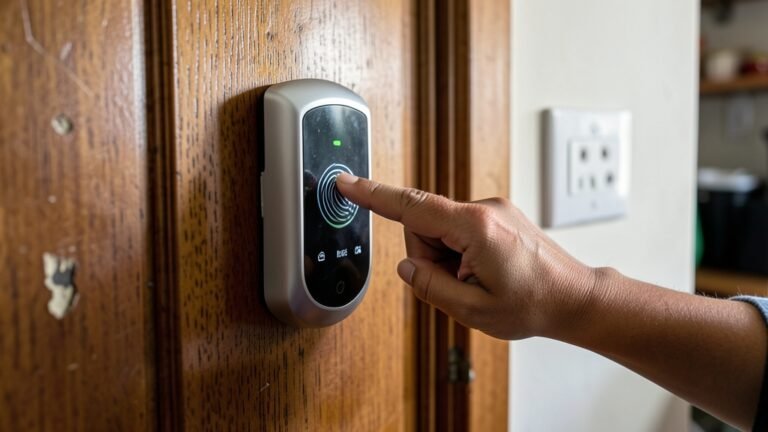 Uma mulher utilizando a biometria de uma fechadura digital para entrar em casa, demonstrando se a fechadura digital é mais segura que a comum.