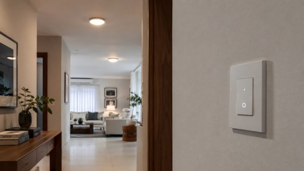 Interruptor inteligente instalado na parede controlando a iluminação convencional de um ambiente residencial.