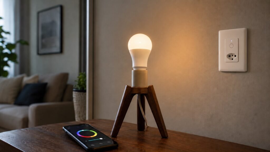Lâmpada inteligente instalada e ligada com interruptor físico mantido na posição de energia e aplicativo de controle ao lado.