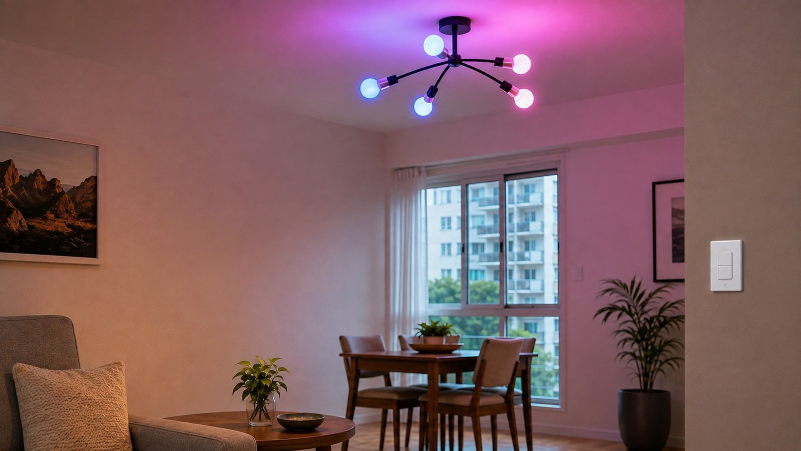 Comparação visual de lâmpada inteligente ou interruptor inteligente em um ambiente doméstico, mostrando as duas formas de automatizar a iluminação.