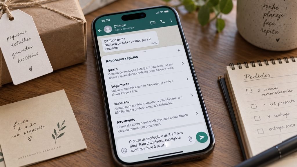 Organizar WhatsApp Business com respostas rápidas para prazo, pagamento, endereço e orçamento.
