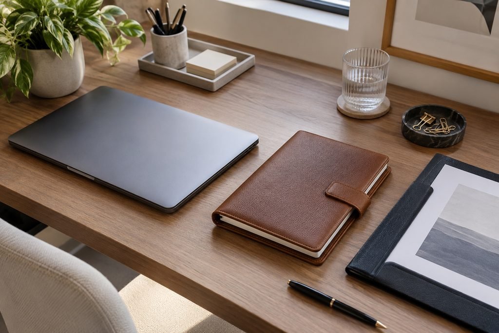 Notebook e agenda de negócios sobre uma mesa, representando a importância da privacidade de dados ao usar IA.