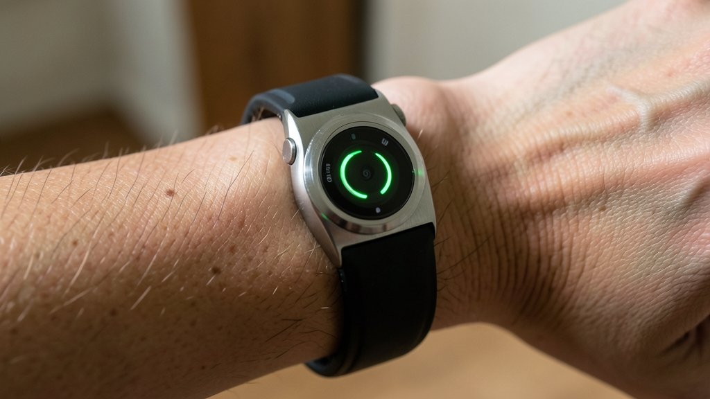 Detalhe macro dos sensores ópticos de um smartwatch emitindo luz para medir a frequência cardíaca durante o sono.