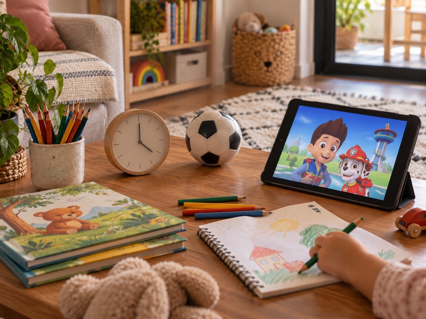 Tempo de tela infantil representado por dispositivo ao lado de atividades de brincadeira e rotina fora da tela.