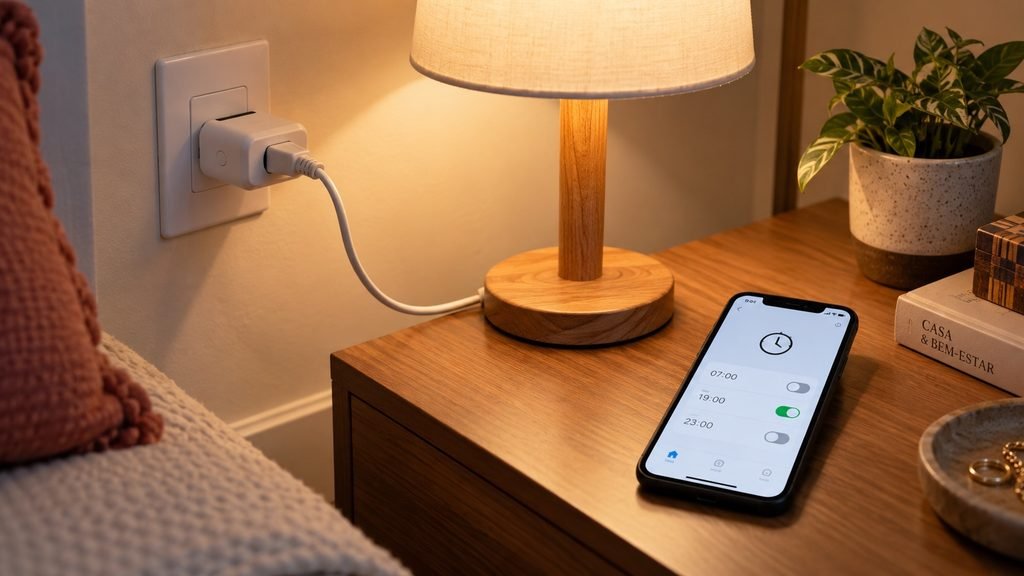 Smart plug conectada a uma luminária com smartphone exibindo controle por horário para automatizar o liga e desliga.