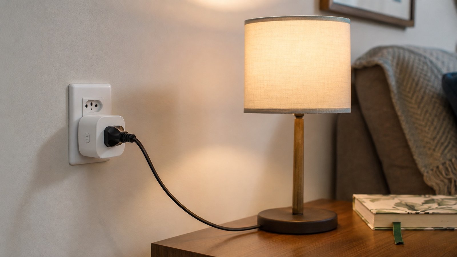 Cena doméstica mostrando por que tomada inteligente vale a pena em automações simples, com smart plug conectada à tomada inteligente brasileira e luminária ligada.
