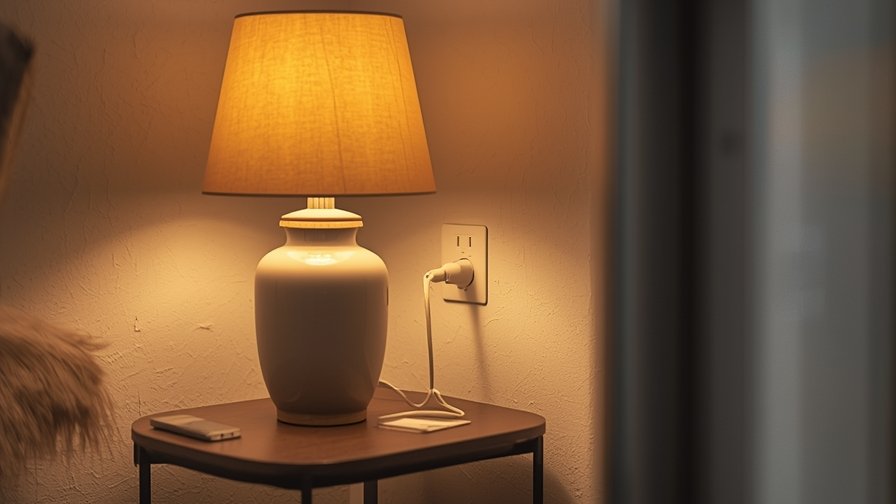 Luminária convencional ligada a uma tomada inteligente instalada na parede, mostrando como reaproveitar um aparelho já existente.