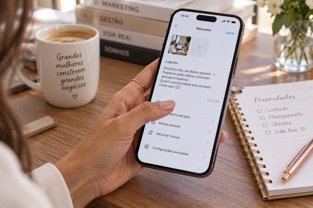 Close de mão feminina segurando um smartphone para revisar conteúdo de marketing.
