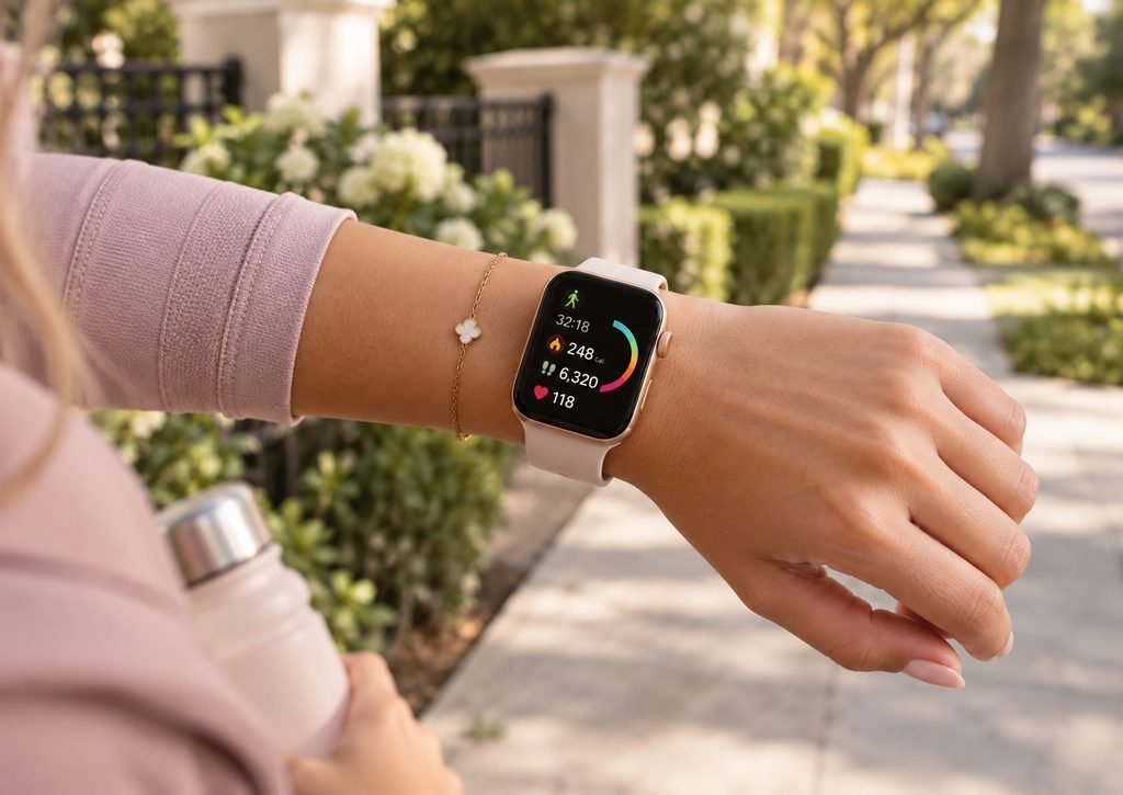 Mulher observando o smartwatch de forma tranquila, focando em tendências de saúde e bem-estar.
